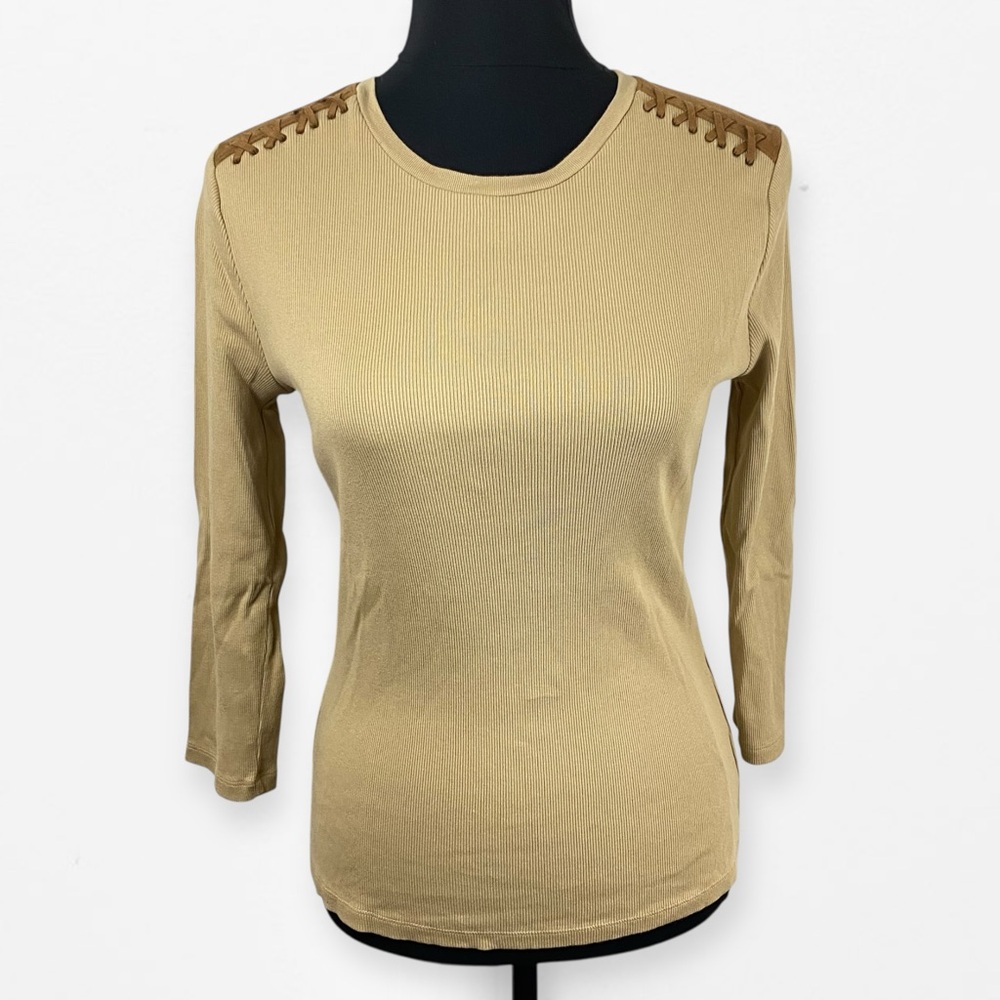 Ralph Lauren Tan Fitted Embellished shoulder knit Long Sleeve Top M